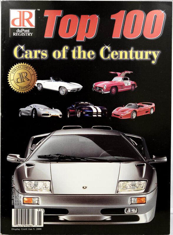 Magazine cover titled "Top 100 Cars of the Century" from duPont REGISTRY, featuring images of six cover cars, including a Lamborghini, and a gold seal marking the special 40th Anniversary edition.