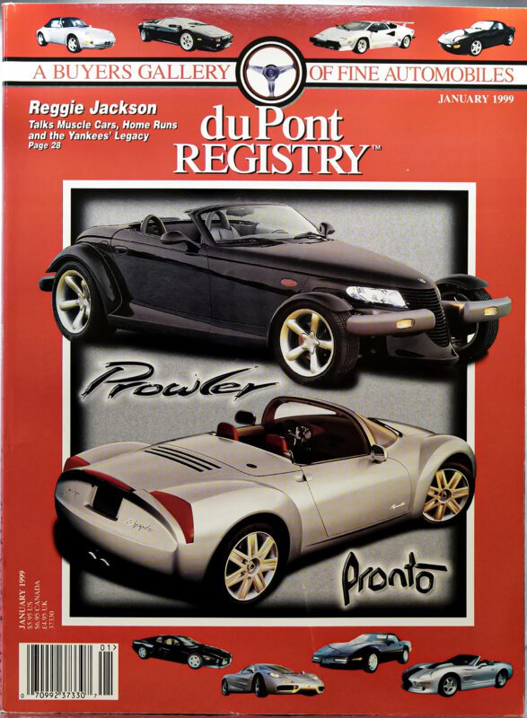 January 1999 duPont REGISTRY magazine highlights Cover Cars: a black Plymouth Prowler above and a silver Plymouth Pronto below, with car images and logos in the background.