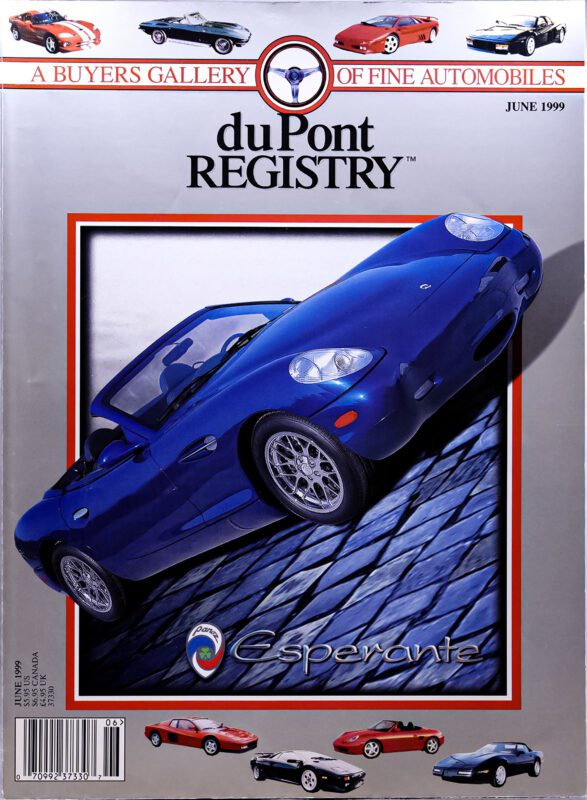 Cover of the June 1999 duPont REGISTRY magazine celebrating the 40th Anniversary, featuring a blue Esperante sports car as the main Cover Car, with red and black cars showcased along the top and bottom borders.
