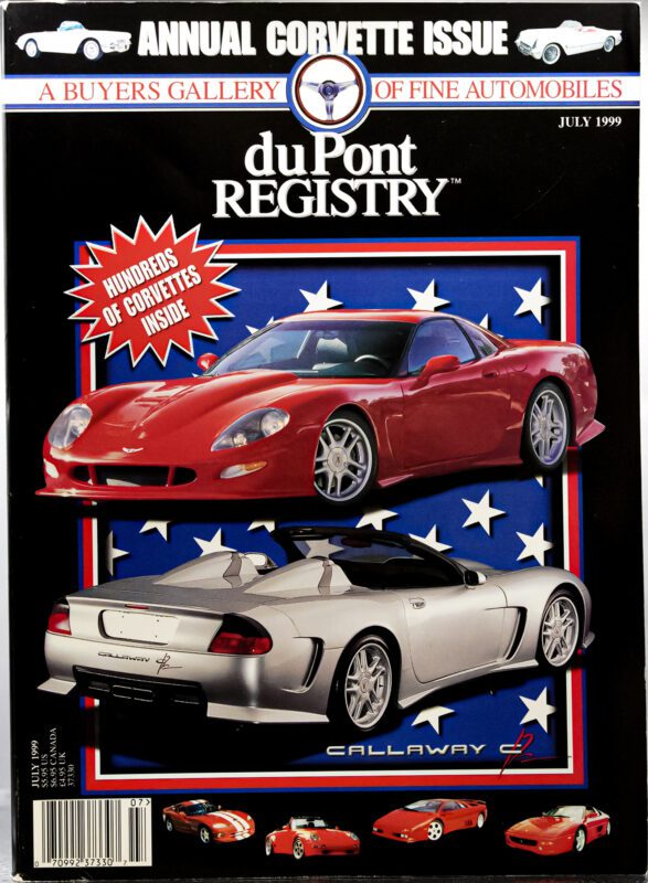 Cover Cars of duPont REGISTRY, July 1999: two Corvettes—one red, one silver—stand out on a blue star-patterned backdrop for the “Annual Corvette Issue,” celebrating the 40th Anniversary.