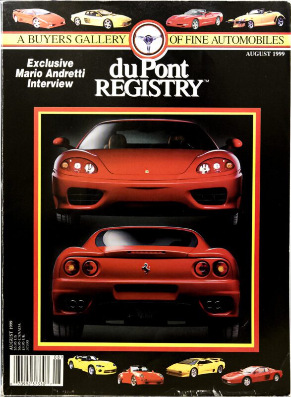 Cover of the August 1999 duPont REGISTRY magazine featuring front and rear views of a red Ferrari, celebrating Cover Cars for the 40th Anniversary, with smaller car images along the top and bottom borders.