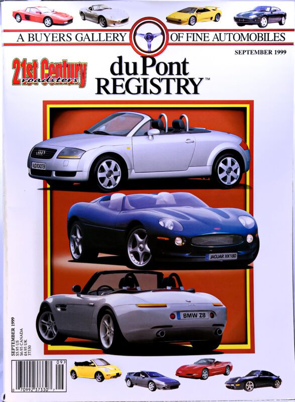 40th Anniversary duPont REGISTRY magazine cover, September 1999, featuring Cover Cars: Audi TT, Jaguar XK180, and BMW Z8 convertibles, plus smaller sports car images along the bottom.