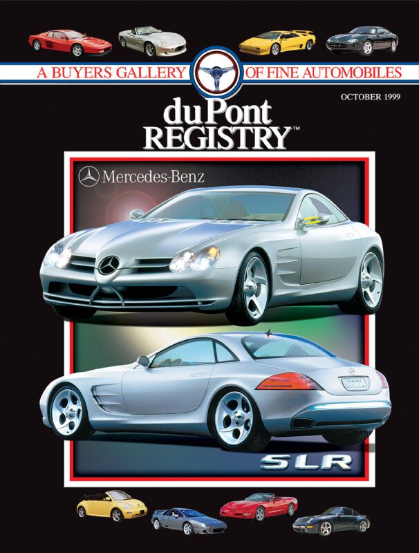 DuPont REGISTRY’s October 1999 cover highlights two silver Mercedes-Benz SLR Cover Cars, with a row of luxury sports cars framing the top and bottom—perfect for the 40th Anniversary of performance excellence.