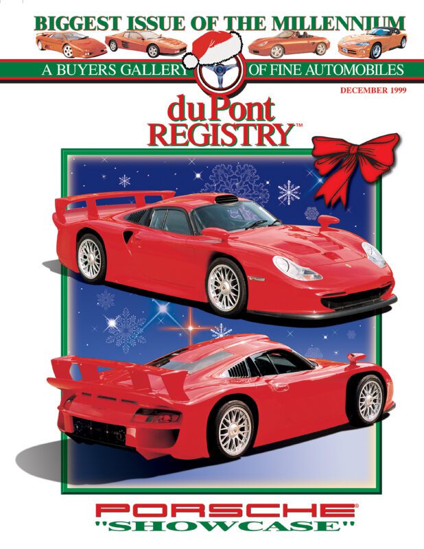 Cover of duPont REGISTRY December 1999 issue featuring two red Porsche Cover Cars, Christmas-themed graphics, and text promoting the Porsche "Showcase" for their 40th Anniversary.