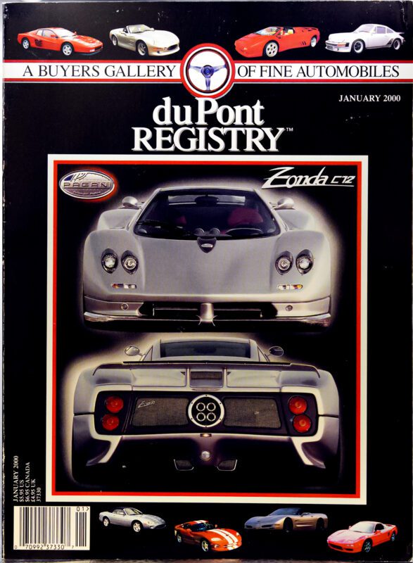 Front cover of duPont REGISTRY magazine, January 2000, featuring the Pagani Zonda C12 with front and rear views as one of the iconic Cover Cars, surrounded by images of other luxury cars.