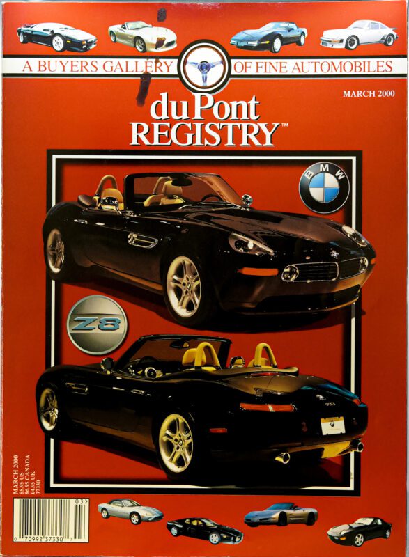 Cover of duPont REGISTRY magazine, March 2000: 40th Anniversary issue featuring a black BMW Z8 convertible with the top down, surrounded by iconic Cover Cars from both classic and modern eras.