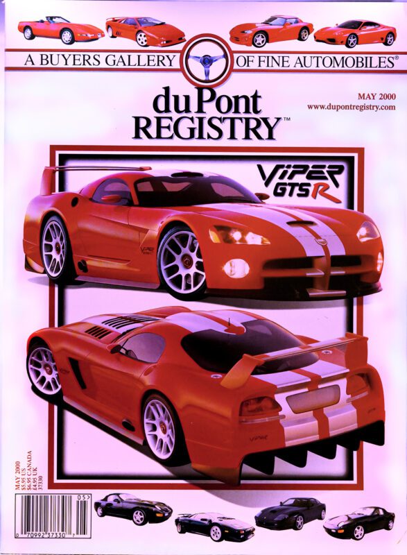 Cover of duPont REGISTRY magazine, May 2000, featuring red Dodge Viper GTS/R Cover Cars with white stripes; several other car images appear along the top and bottom edges. 40th Anniversary highlights included.