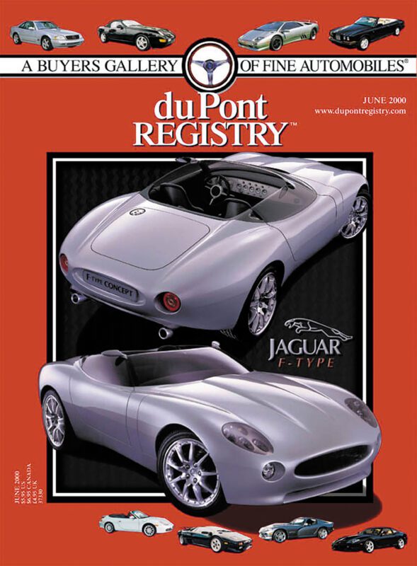 Cover Cars: June 2000 duPont REGISTRY magazine featuring two views of a silver Jaguar F-Type Concept car on a striking red background, celebrating the 40th Anniversary.