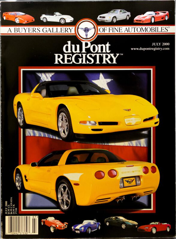 Cover Cars: duPont REGISTRY's July 2000 issue celebrates the 40th Anniversary of the Chevrolet Corvette, showcasing vivid front and rear views against an American flag, with other cars featured along the top border.