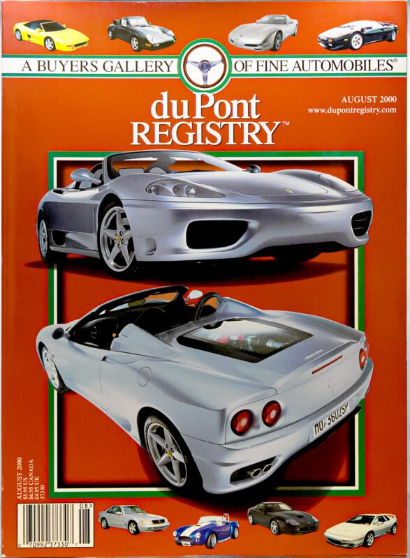 The August 2000 duPont REGISTRY cover showcases two views of a silver Ferrari convertible—one of the standout Cover Cars—on a striking red background, surrounded by illustrations of various sports cars.