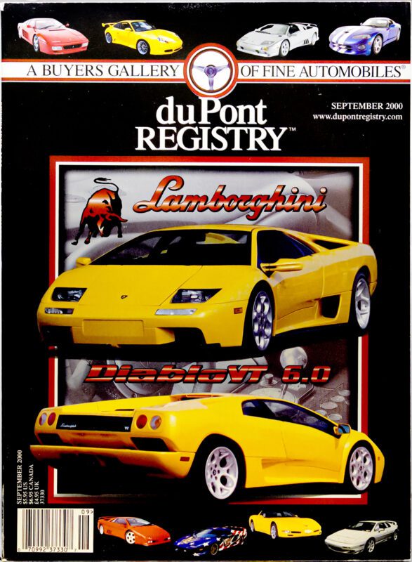 Cover of duPont REGISTRY magazine, September 2000, featuring a yellow Lamborghini Diablo VT 6.0 and other Cover Cars in the background.