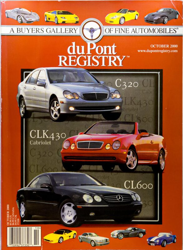 October 2000 duPont REGISTRY magazine showcases Cover Cars: Mercedes-Benz C320, CLK430 Cabriolet, and CL600, plus sports car images along the borders—celebrating automotive style leading up to Mercedes' 40th Anniversary.