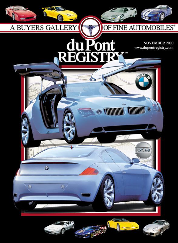 DuPont REGISTRY's 40th Anniversary cover showcases the BMW Z9 concept car with gullwing doors open, viewed from front and rear. Cover Cars and various sports cars frame the top and bottom edges for an eye-catching display.