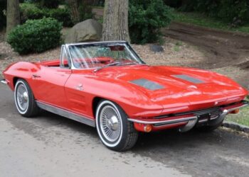 A red vintage convertible with chrome accents and whitewall tires is parked on a paved road near trees and bushes—a perfect find for classic cars enthusiasts.
