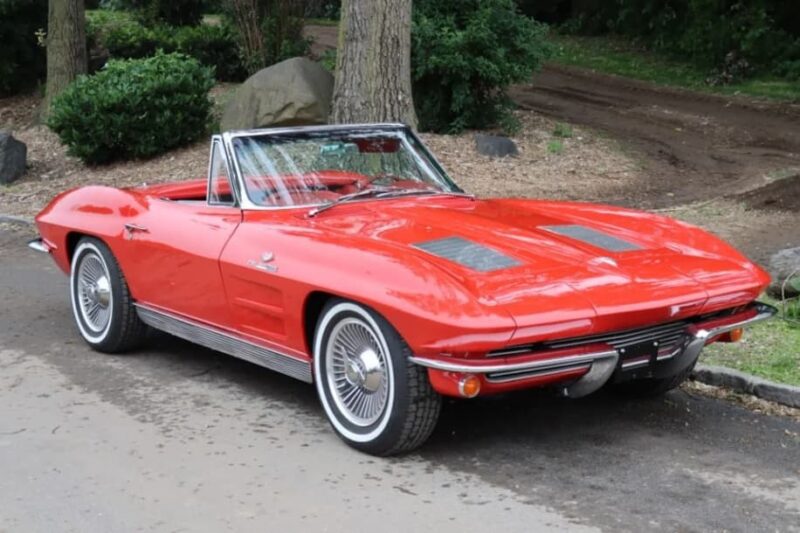 A red vintage convertible, reminiscent of classic muscle cars, with the top down is parked by a curb near trees and greenery.
