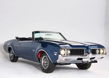 A blue classic convertible car with a black soft top, chrome accents, and white racing stripes, this standout from the world of Classic Muscle Cars is parked in a studio setting against a plain white background.