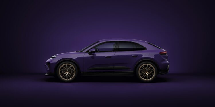 A purple SUV is shown in side profile view against a matching purple background.