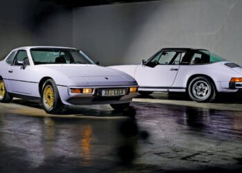 Two classic Porsche cars are parked indoors under soft lighting; a Porsche 924 in the foreground and a Porsche 911 in the background hint at an origin story told through their rarest colors.