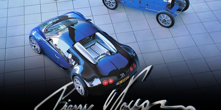 Two Bugatti cars, one modern and one vintage, are parked on a tiled surface, viewed from above—a striking scene that echoes the spirit of Veyron: The Man The Machine And The Legacy That Rebuilt Bugatti. A large signature overlays the bottom of the image.