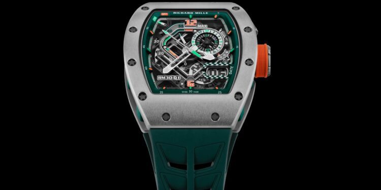 A silver Richard Mille RM 30-01 LMC watch with a skeleton dial, orange crown, and teal strap, displaying intricate mechanics and chronograph features against a black background—a true Le Mans Classic edition.
