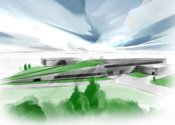 Architectural sketch of a modern, low-rise new production facility with sloped green roofs, surrounded by trees and under a cloudy sky—perfectly capturing the innovation behind Bugatti's Tourbillon.