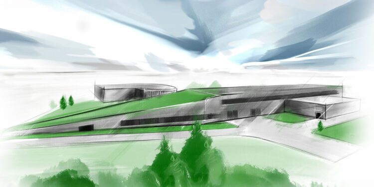 Architectural sketch of a modern, low-rise new production facility with sloped green roofs, surrounded by trees and under a cloudy sky—perfectly capturing the innovation behind Bugatti's Tourbillon.