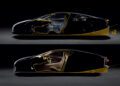 Side-by-side cross-section views of a Bugatti, with yellow outlines highlighting seat position and space. The top Tourbillon image shows two seats, while the bottom reveals more interior detail.