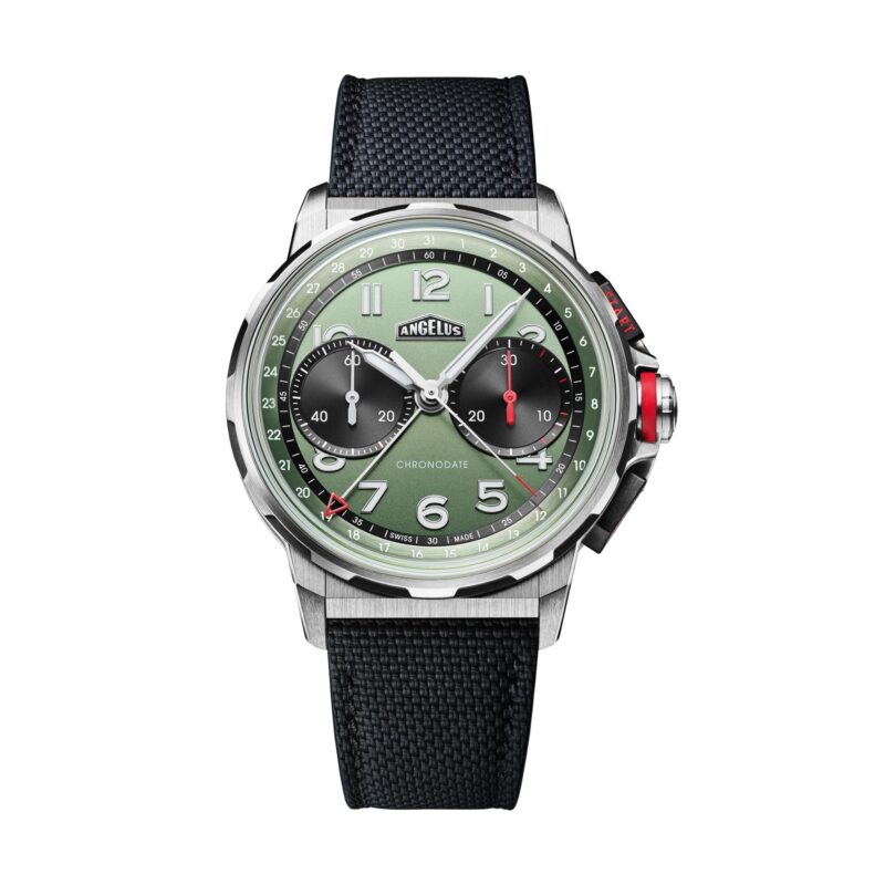 A wristwatch with a green dial, two black subdials, silver hour markers, and a black textured strap. The brand name "Angelus" is displayed below the 12 o'clock position, making it a standout among the best luxury watches.