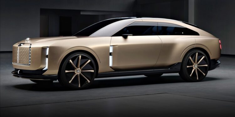 A matte gold Bentley concept luxury SUV with large wheels, sharp lines, and a sleek, modern design is parked indoors under soft lighting—a glimpse into the future of elegant electric vehicles.
