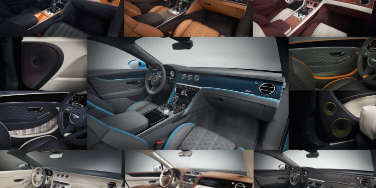 A collage of luxury car interiors highlights Bentley Mulliner Interior Options, showcasing various color schemes, leather seats, dashboards, and door panels with premium materials and finishes.