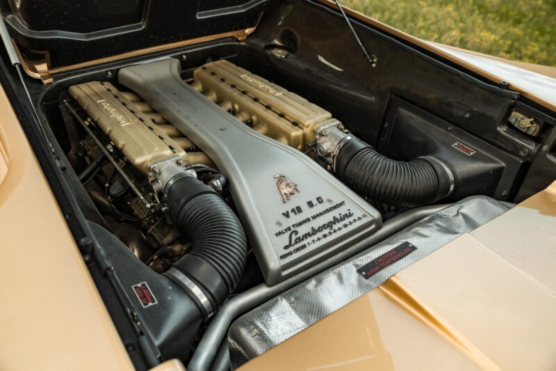 A Lamborghini V12 engine is shown under the hood, with visible branding and intake manifolds, echoing the power of Vintage Lamborghinis crafted in Emilia-Romagna, surrounded by intricate engine components.
