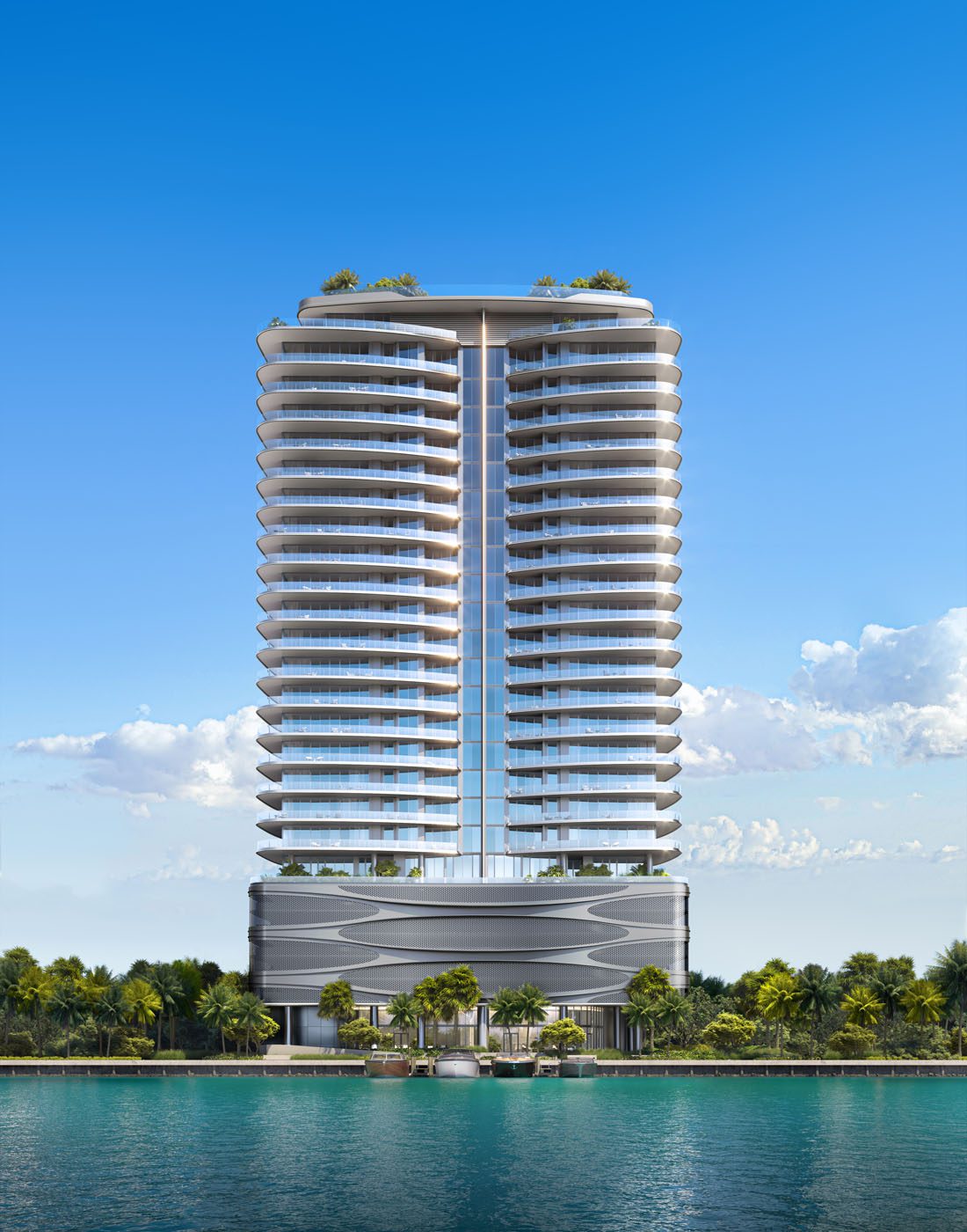 A modern, high-rise waterfront building with glass balconies, palm trees surrounding the base, and a blue sky with scattered clouds in the background.