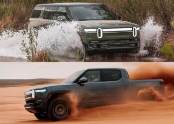 The top image shows a Rivian Gen 2 R1S SUV driving through water, while the bottom image features an R1T Quad-Motor pickup truck kicking up sand on a dirt road.