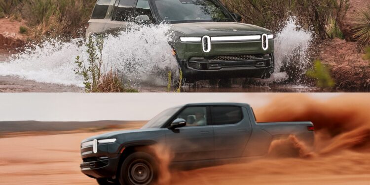 The top image shows a Rivian Gen 2 R1S SUV driving through water, while the bottom image features an R1T Quad-Motor pickup truck kicking up sand on a dirt road.