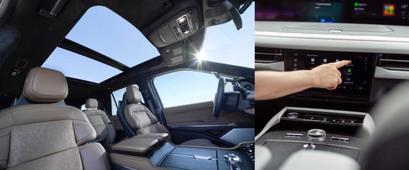 Split image highlights a car’s spacious beige leather interior with panoramic sunroof on the left, and a hand using the infotainment screen on the right. Review: 2025 Lincoln Navigator L Black Label coddles like a spa on wheels.