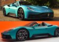 Two turquoise Maserati MC20 sports cars—one coupe on a city street, the other a convertible against an orange backdrop—highlight the style of contenders among the 10 Fastest Cars At The 2025 Goodwood Festival Of Speed.