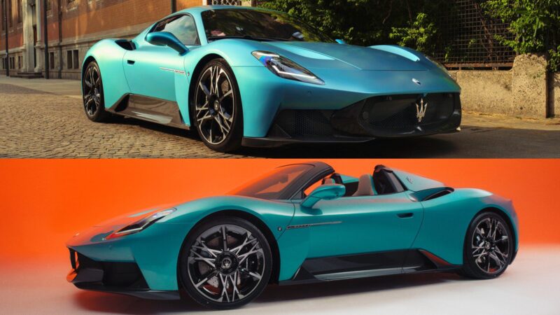 Two images of a blue 2026 Maserati MCPURA, which debuts at Goodwood with a liquid crystal roof and F1 tech—one parked on a street with buildings, the other showcased in a studio with an orange background.