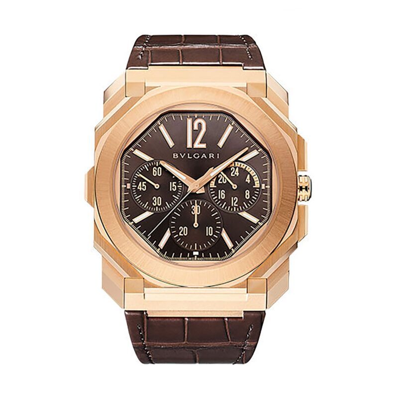 A gold-tone Bulgari wristwatch with a brown leather strap and brown dial featuring three subdials and silver-tone hour markers—an exquisite choice among the best luxury watches.