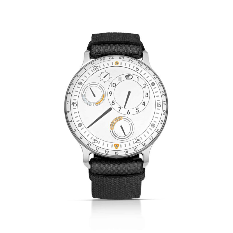 A modern wristwatch with a white face, black numerals, circular subdials, orange accents, and a black fabric strap, displayed on a white background—an ideal choice for those seeking the best luxury watches.