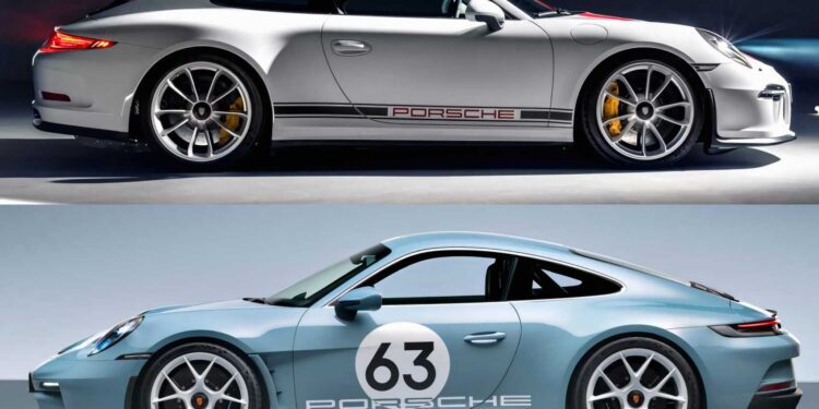 Two Porsche sports cars shown in profile; the top is a silver 2016 Porsche 911 R with black stripes, while the bottom car is light blue with a white circle and the number 63 on its door.