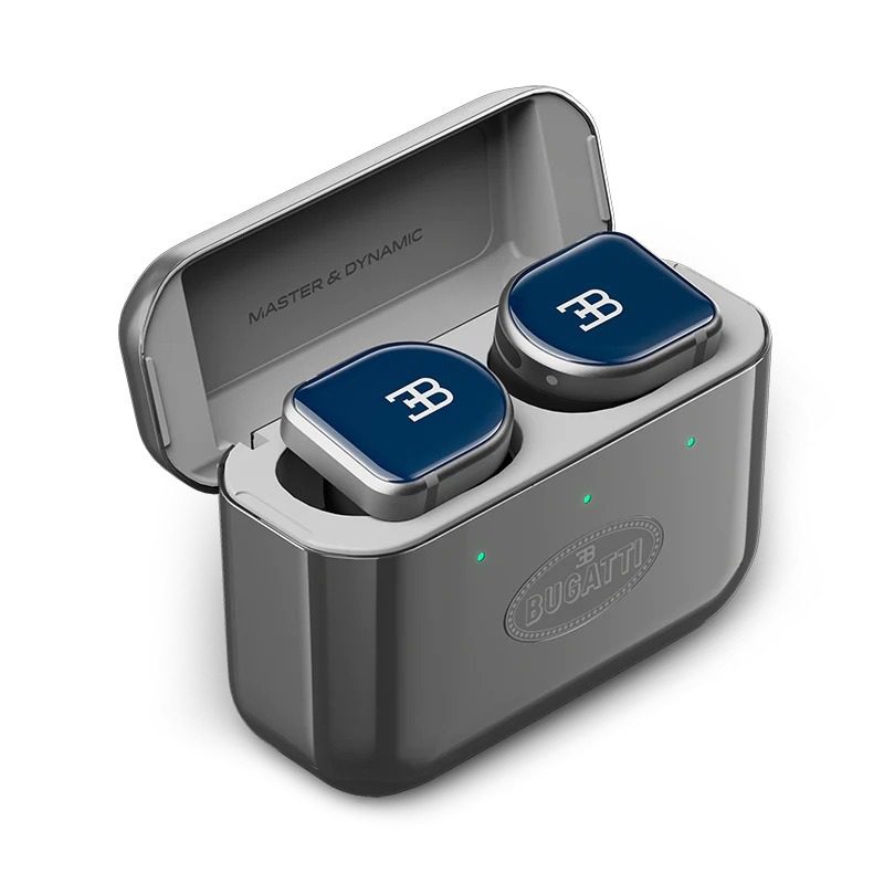 A pair of blue and silver wireless earbuds with the Bugatti logo, displayed in an open gray charging case marked “Master & Dynamic” and “Bugatti”—the ultimate luxury accessory for a style upgrade.