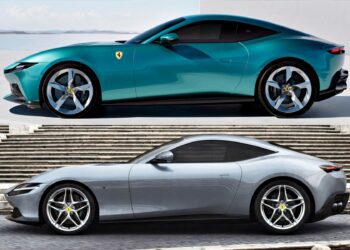 Side view of two Ferrari Roma cars parked, one in teal and one in silver, showcasing their sleek coupe design—reminding us that the 2026 Ferrari Amalfi breaks cover as much more than a simple Roma facelift.