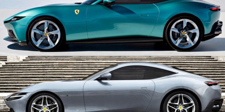 Side view of two Ferrari Roma cars parked, one in teal and one in silver, showcasing their sleek coupe design—reminding us that the 2026 Ferrari Amalfi breaks cover as much more than a simple Roma facelift.