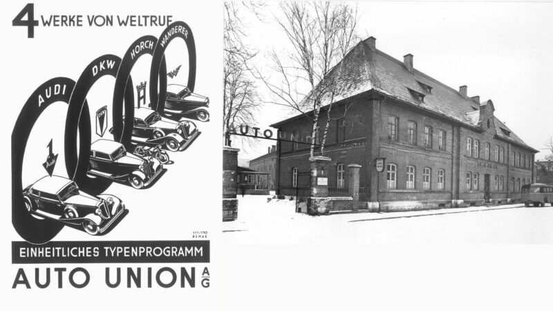 A vintage Auto Union advertisement featuring four car logos and a black-and-white photo of a historic brick building in winter, evoking the spirit of "The Audi That Saved Audi: 60 Years Since Ingolstadt’s Turning Point.