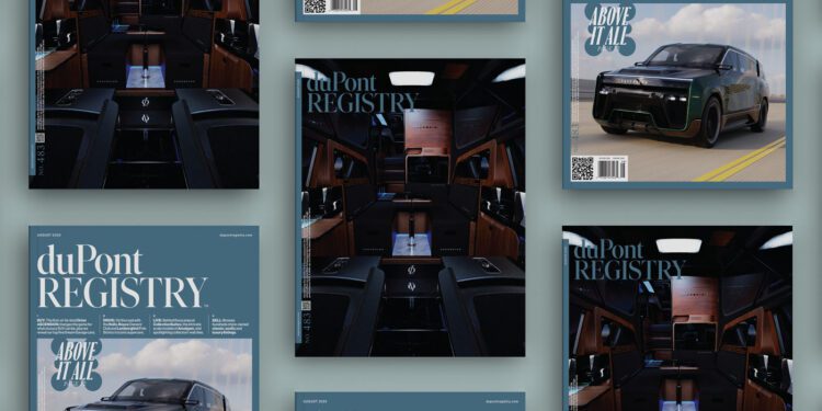 Multiple copies of the August 2025 duPont REGISTRY magazine, featuring a green luxury SUV and its upscale interior on the covers, are artfully arranged on a light blue background.