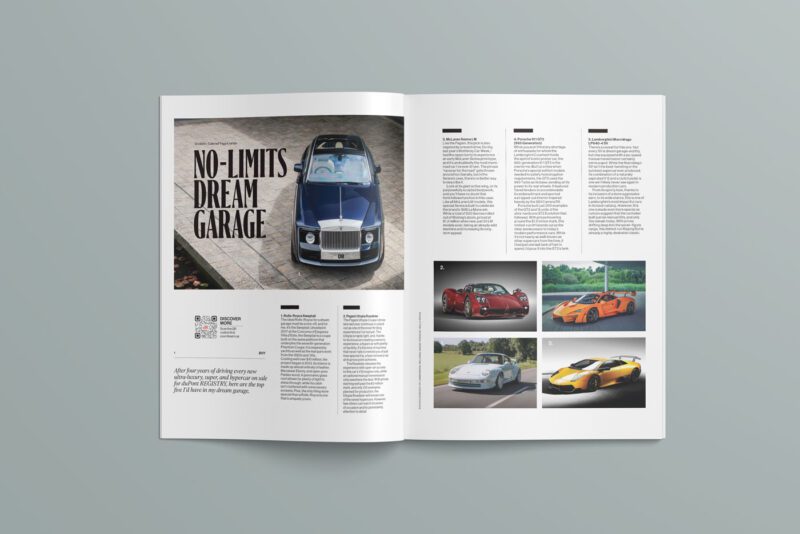 A duPont REGISTRY magazine spread from August 2025 showcases a blue convertible on the left under "No-Limits Dream Garage," with five sports car photos and details on the right.