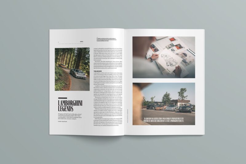 A magazine spread from duPont REGISTRY, August 2025, features "Lamborghini Legends" with stunning car images on the road, a person sketching designs, and Lamborghinis parked outside.