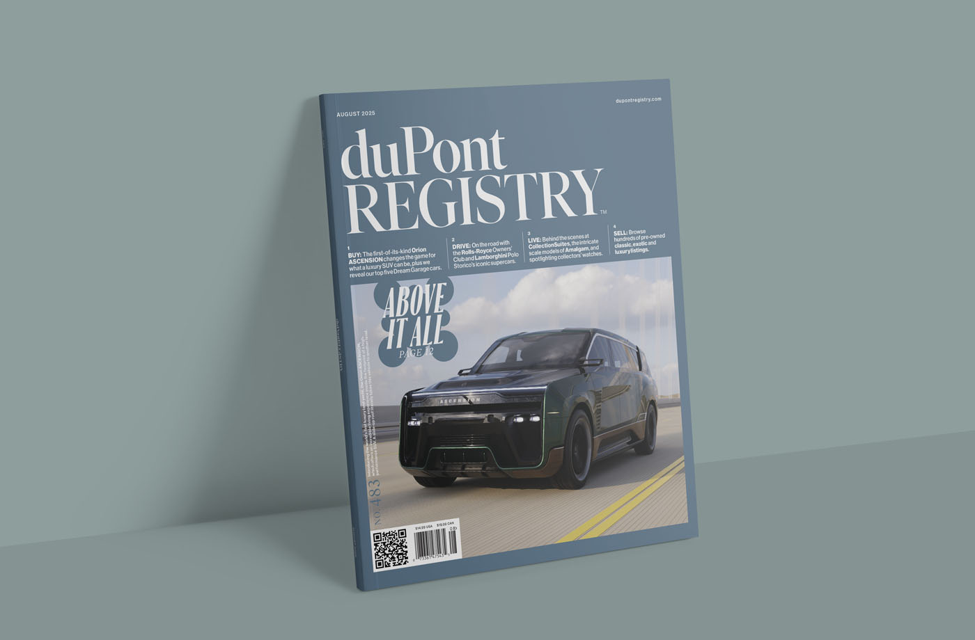 A duPont REGISTRY magazine issue from August 2025 features a black SUV driving on a highway on the cover with the headline "Above It All.
