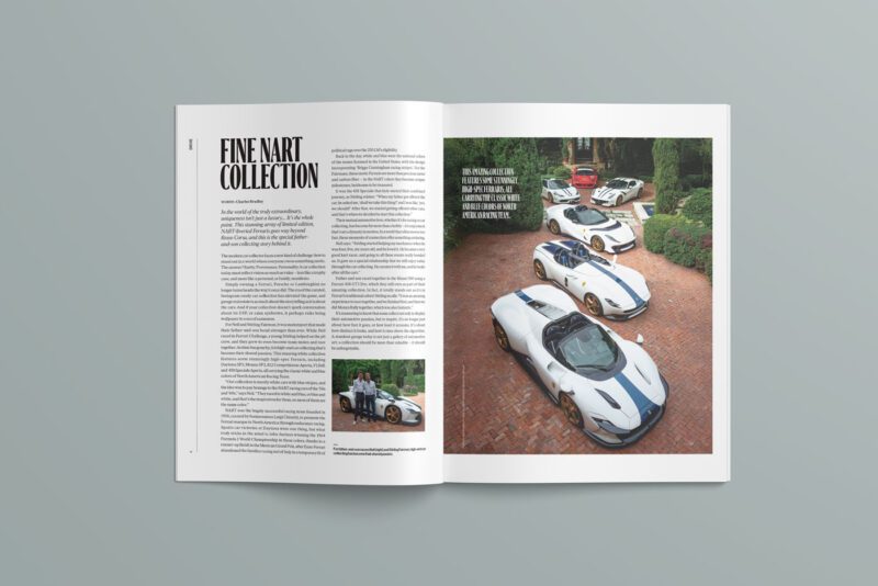 An open magazine shows an article titled "Fine NART Collection" on the left page and a photo of several white sports cars parked on a brick driveway on the right, featured in duPont REGISTRY’s August 2025 issue.