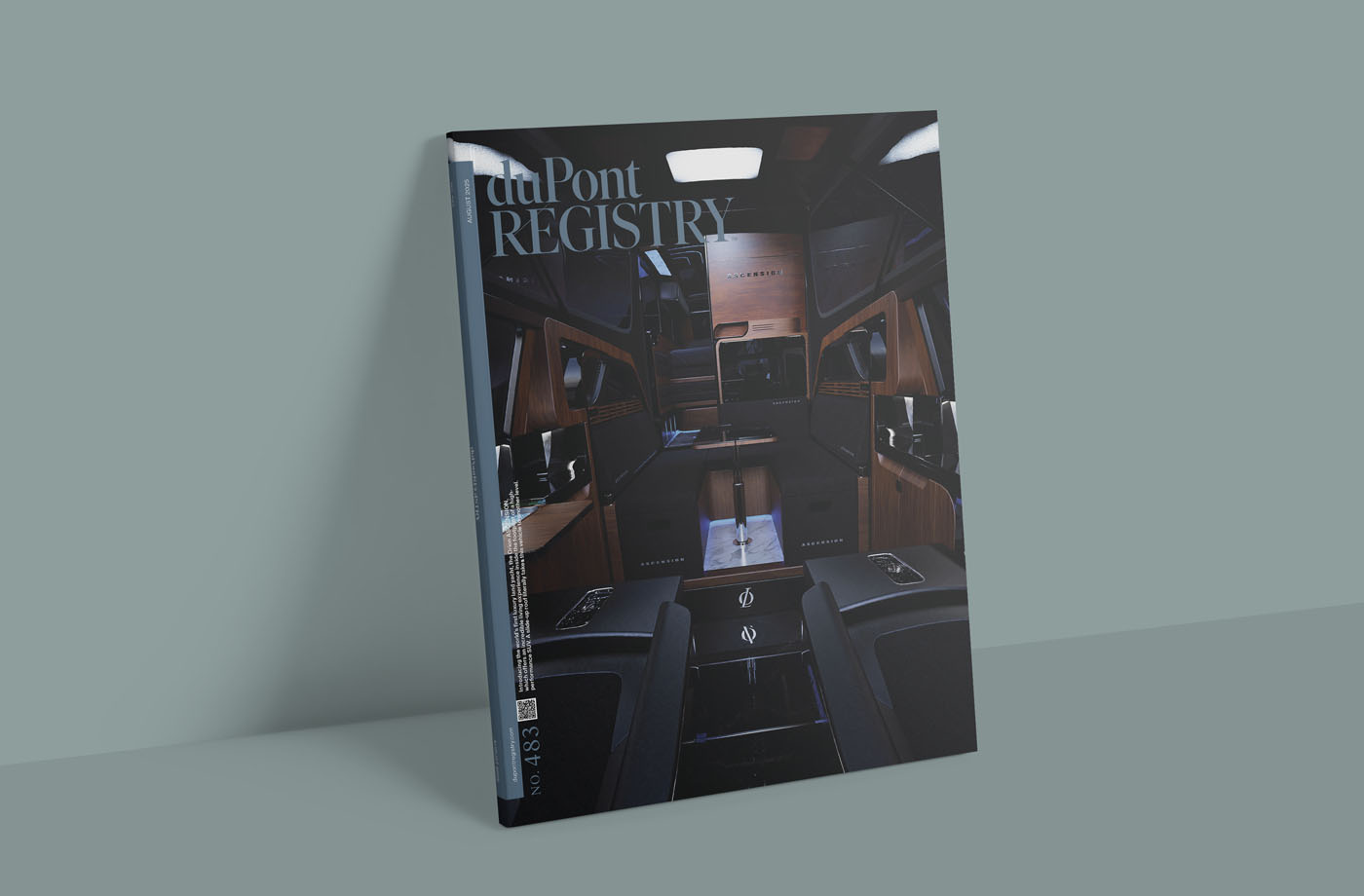 The August 2025 issue of duPont REGISTRY features a cover image of a luxurious vehicle interior with brown leather seats and ambient lighting, propped against a muted gray wall.
